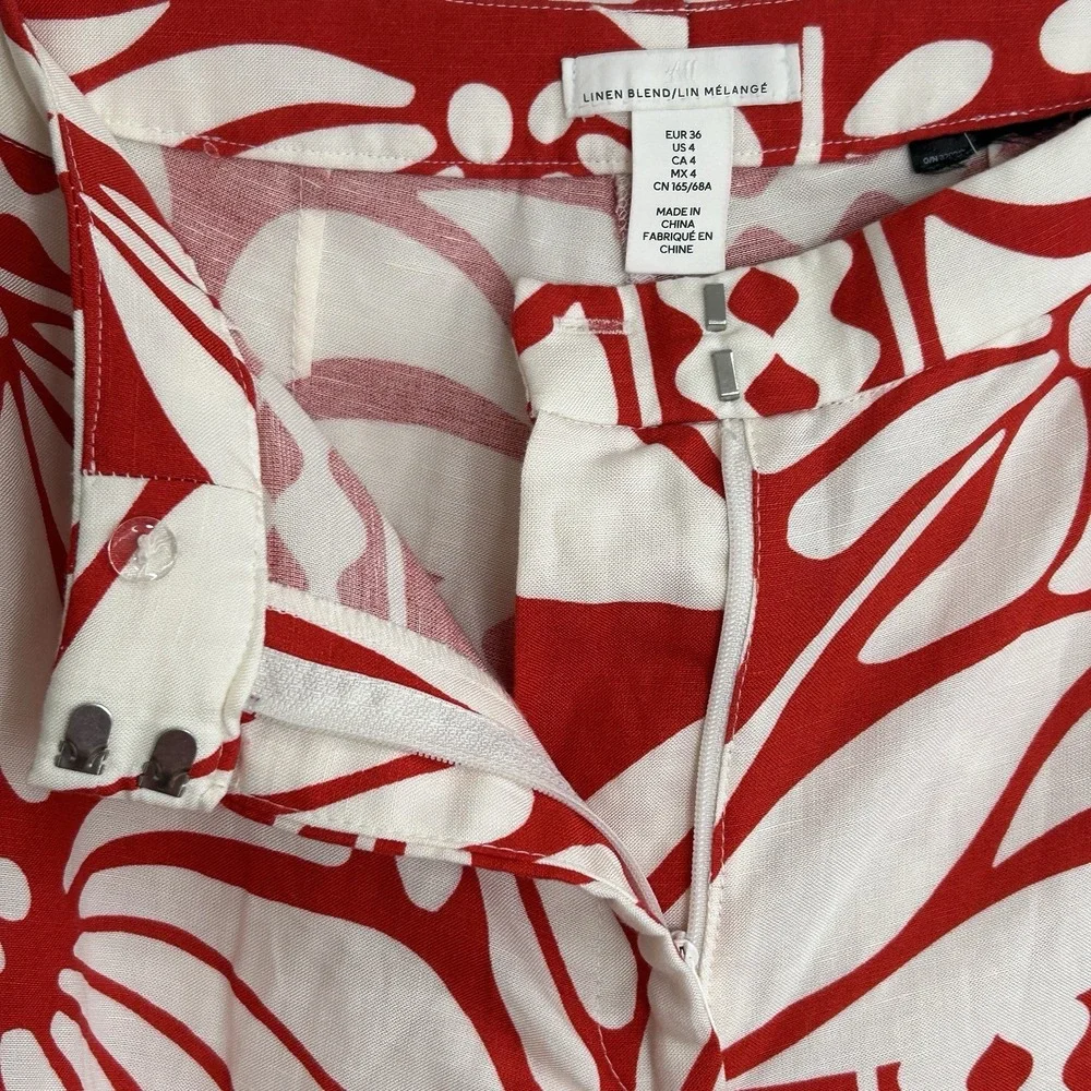 H&M Tropical Wide Leg Pants Sz‎ 4 Boho Retro Floral Linen Blend Resort Vacation